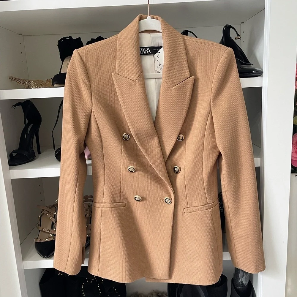 NEW WOMAN DOUBLE-BREASTED PIQUÉ BLAZER TAILORED JACKET CAMEL  XS